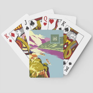 Monogrammed  Beautiful Blue Lake Boat Illustration Playing Cards