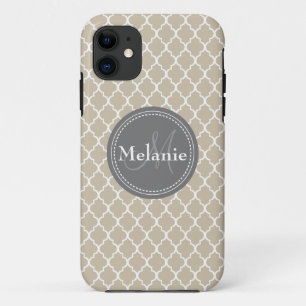 Monogrammed Beige White Moroccan Lattice Pattern iPhone 11 Case