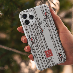 Monogrammed Birch Trees and Red Cardinal Birds Case-Mate iPhone 14 Pro Max Case