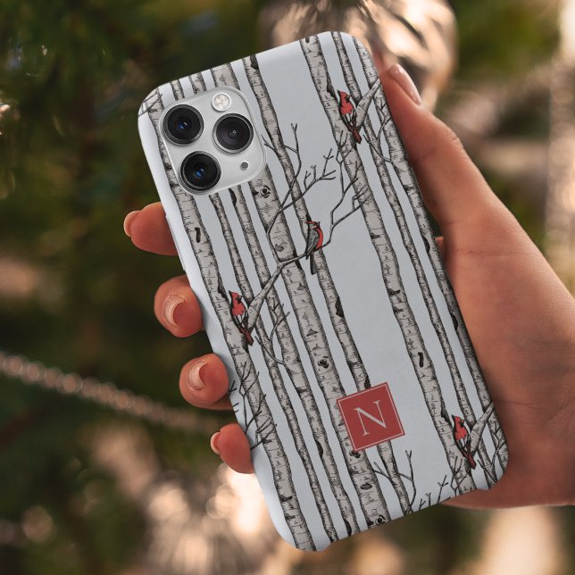 Monogrammed Birch Trees and Red Cardinal Birds Case-Mate iPhone Case (Modern Hand-Drawn Birch Trees with Red Cardinal Birds Perched on Branches. Personalize with Monogram)
