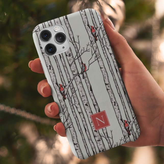 Monogrammed Birch Trees and Red Cardinal Birds Case-Mate iPhone Case (Modern Hand-Drawn Birch Trees with Red Cardinal Birds Perched on Branches. Personalize with Monogram)