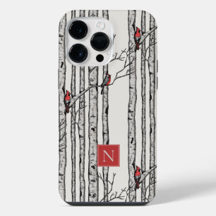 Monogrammed Birch Trees and Red Cardinal Birds iPhone 14 Pro Max Case