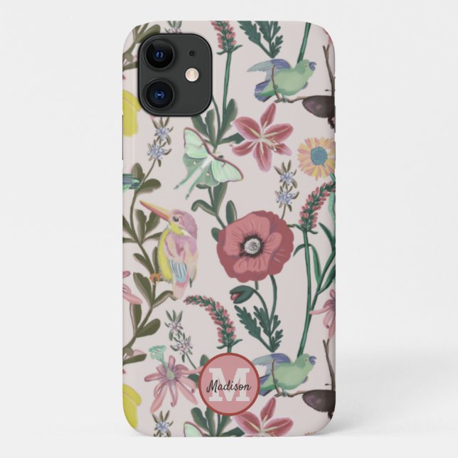 Monogrammed Bird and Butterflies Feminine Pattern  Case-Mate iPhone Case (Back)