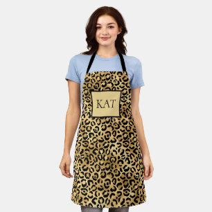 Monogrammed Black and Gold Leopard Print Cheetah  Apron