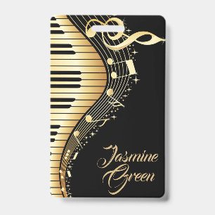 Monogrammed Black And Gold Music Notes ID Badge