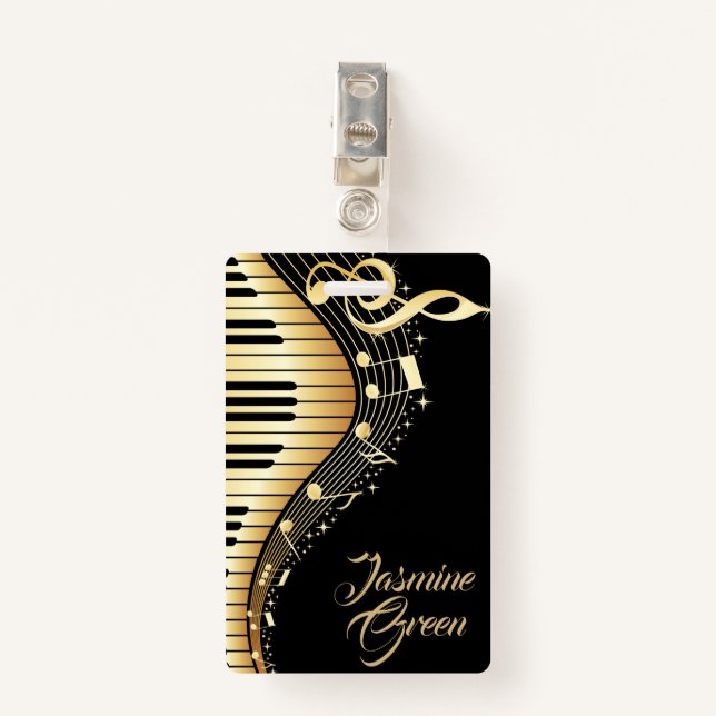 Monogrammed Black And Gold Music Notes ID Badge (Front with Clip)
