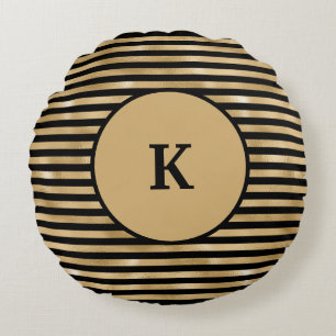 Monogrammed Black and Gold Striped Chic Modern  Round Cushion