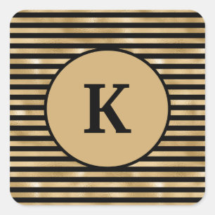 Monogrammed Black and Gold Striped Chic Modern Square Sticker