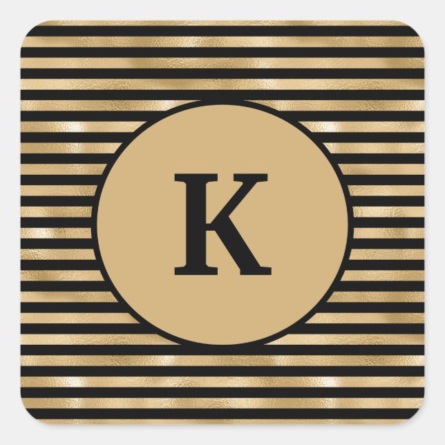 Monogrammed Black and Gold Striped Chic Modern Square Sticker (Front)