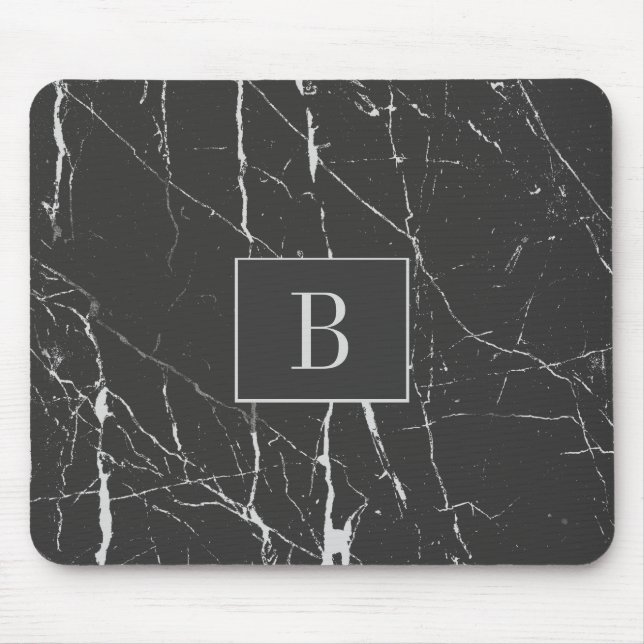 Monogrammed Black And Grey Marble Stone Mouse Pad (Front)