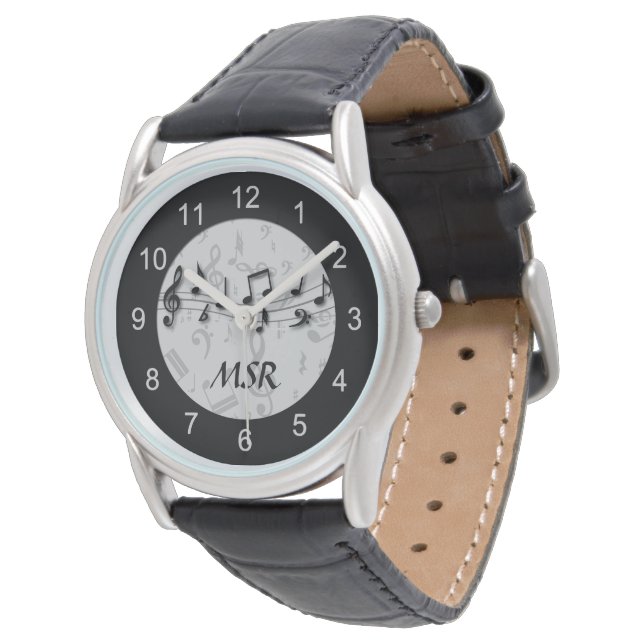 Monogrammed Black and Grey Musical Notes Watch (Angled)