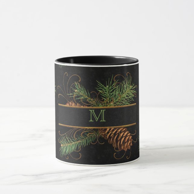 Monogrammed Black and Pine Cone Woodland Theme Mug (Center)