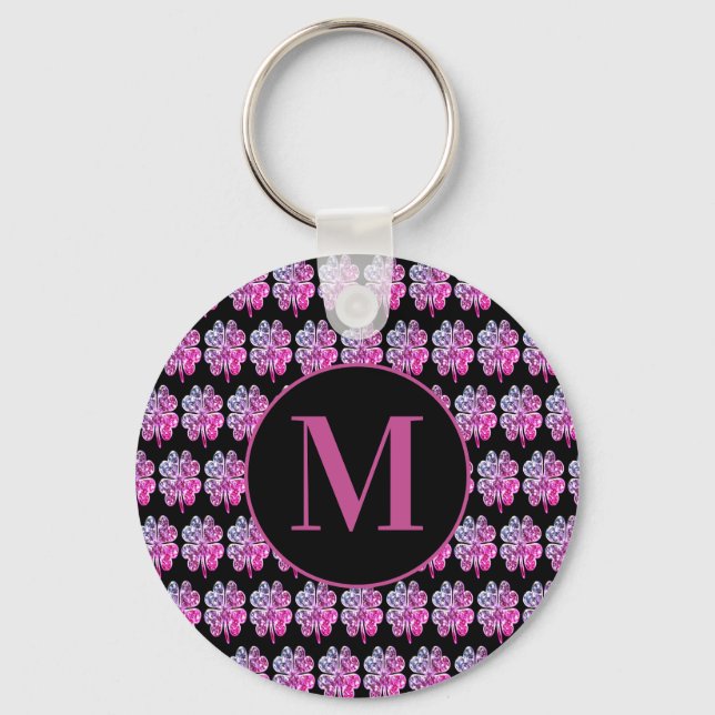 Monogrammed Black and Pink Four Leaf Clovers Key Ring (Front)