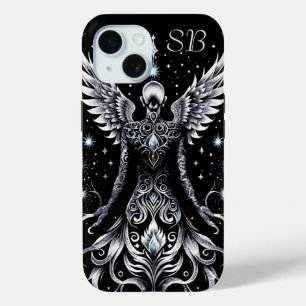 Monogrammed Black And Silver Tattoo Angel iPhone 15 Case