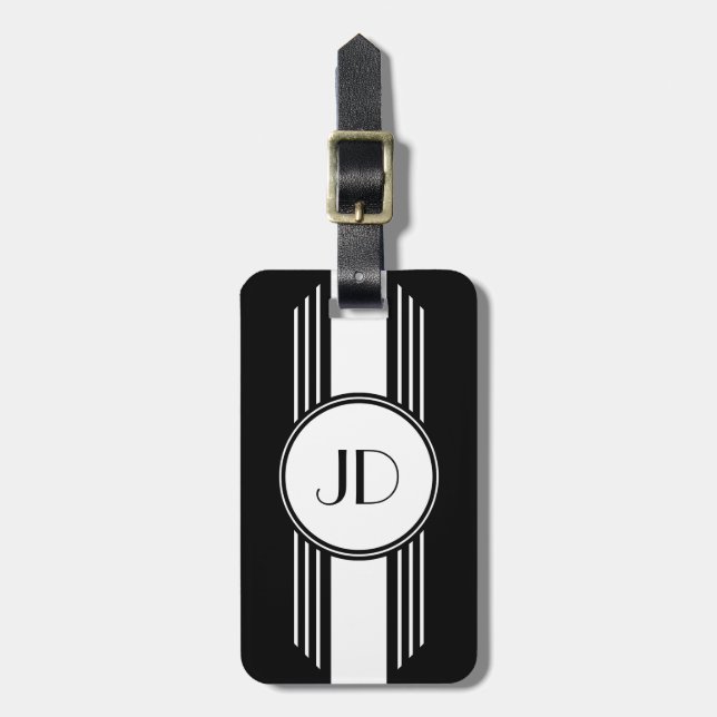 Monogrammed Black and White Art Deco Luggage Tag (Front Vertical)