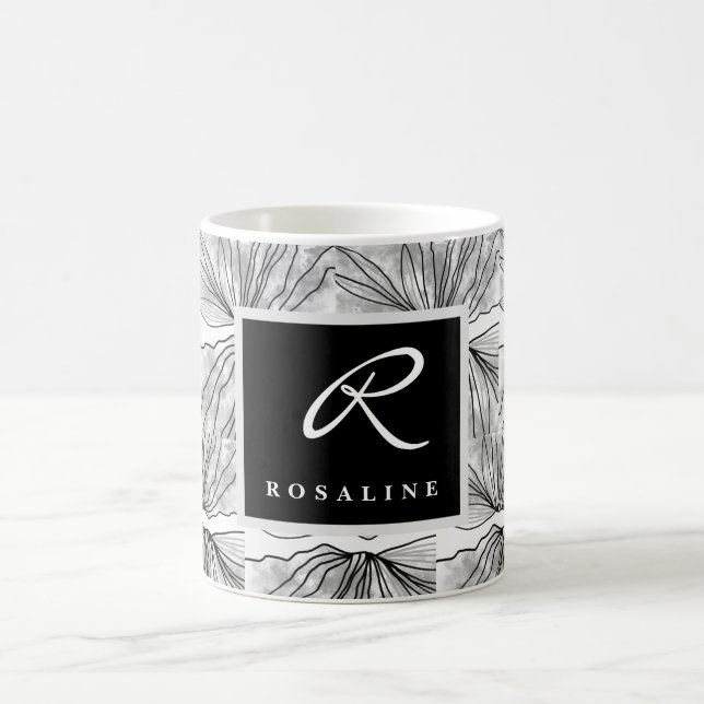 Monogrammed Black and White Botanical Tile Pattern Coffee Mug (Center)