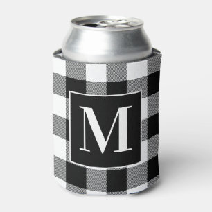 Monogrammed Black and White Buffalo Plaid Can Cooler