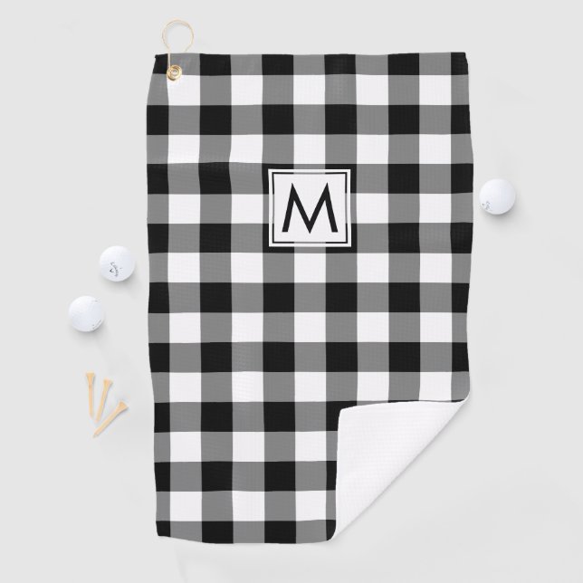 Monogrammed Black and White Buffalo Plaid Pattern Golf Towel (InSitu)