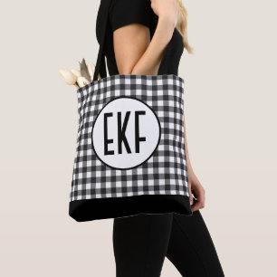 Monogrammed Black and White Buffalo Plaid Trendy Tote Bag