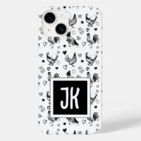Monogrammed Black and White Cartoon Chickens