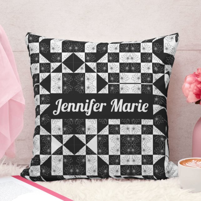 Monogrammed Black and white chequered Floral print Cushion (Creator Uploaded)