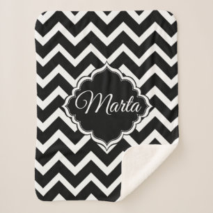 Monogrammed Black And White Chevron Sherpa Blanket