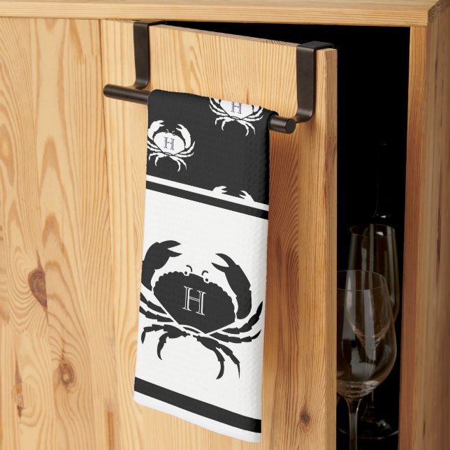 Monogrammed Black and White Crab Nautical   Tea Towel (Thirds Fold)