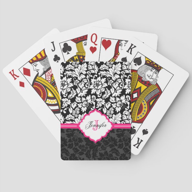 Monogrammed Black And White Damask Pink Stripe Playing Cards (Back)