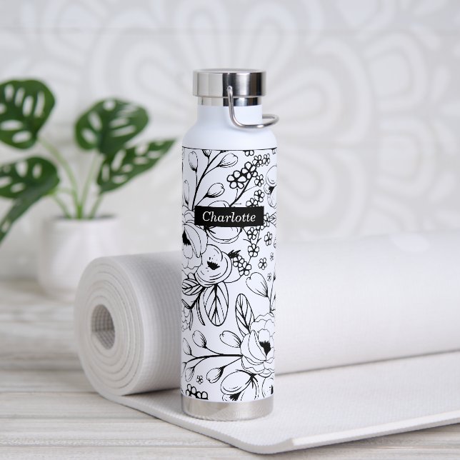 Monogrammed Black and White Floral Vacuum Insulate Water Bottle (Yoga)