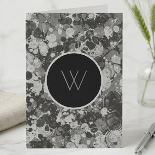 Monogrammed Black and White Ink Marble Art Note Card