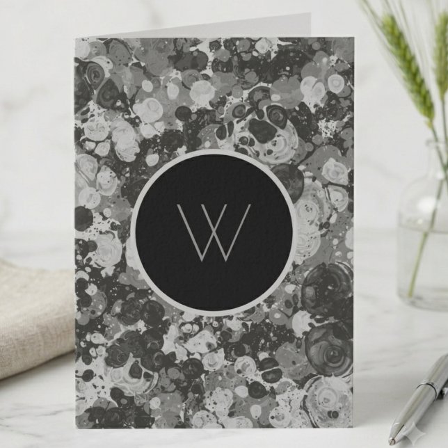 Monogrammed Black and White Ink Marble Art Note Card (A sophisticated monogrammed note card with a bold, modern black and white marble design.)
