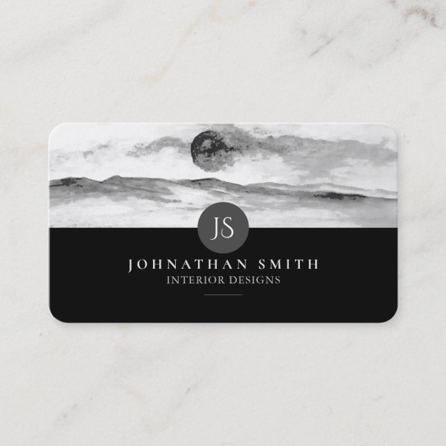 Monogrammed Black and White Landscape Social Media Business Card (Front)
