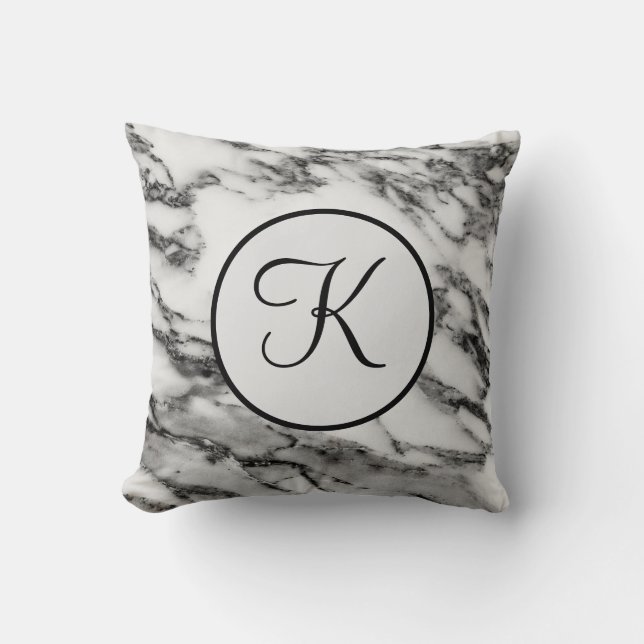 Monogrammed Black and White Marble Throw Pillow (Front)