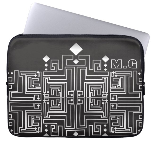 Monogrammed Black and White Maze Pattern Laptop Sleeve (Front)