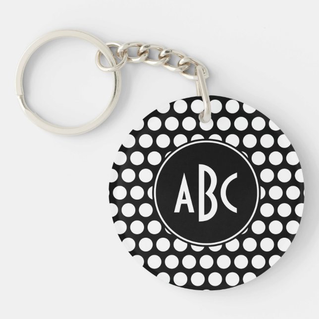 Monogrammed Black and White Polka Dots Key Ring (Front)