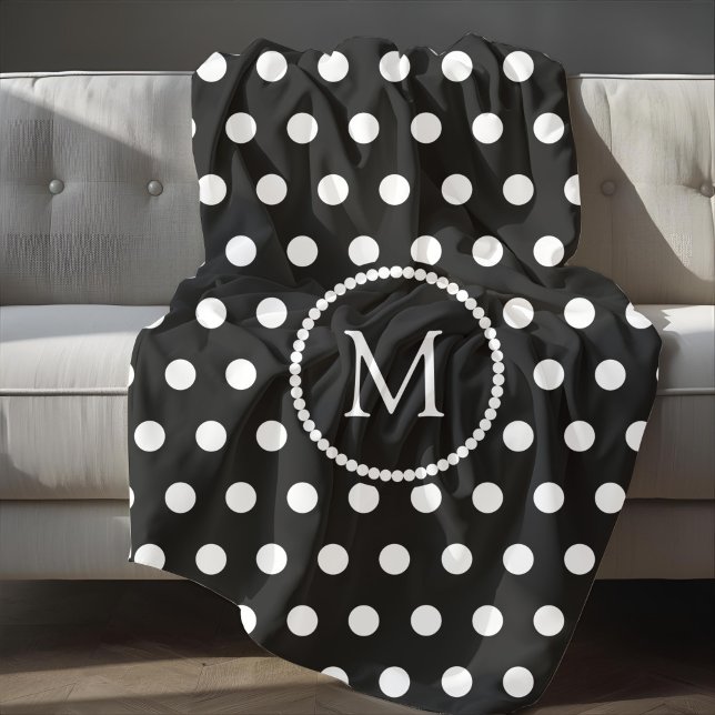 Monogrammed Black And White Polka Dots Pattern Fleece Blanket (Monogrammed Black And White Polka Dots Pattern Fleece Blanket)