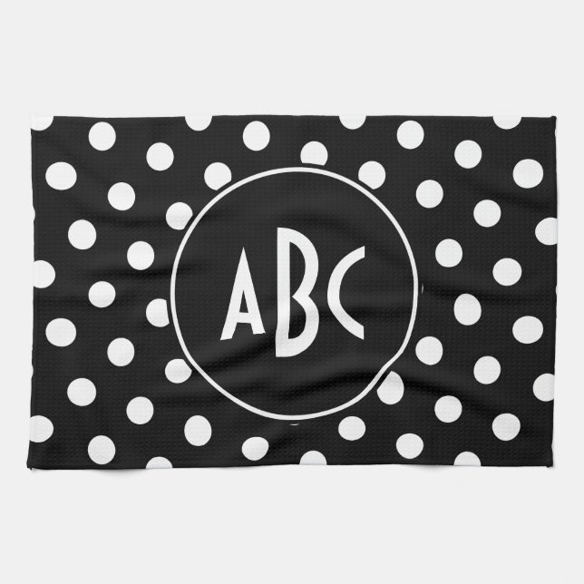 Monogrammed Black and White Polka Dots Tea Towel (Horizontal)
