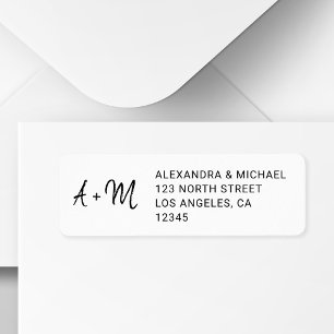 Monogrammed black and white script wedding rsvp return address label