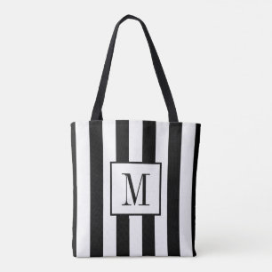Monogrammed Black and White Striped Tote