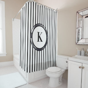 Monogrammed Black and White Stripes Shower Curtain