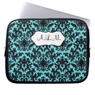 Monogrammed Black, Aqua Damask Laptop Sleeve
