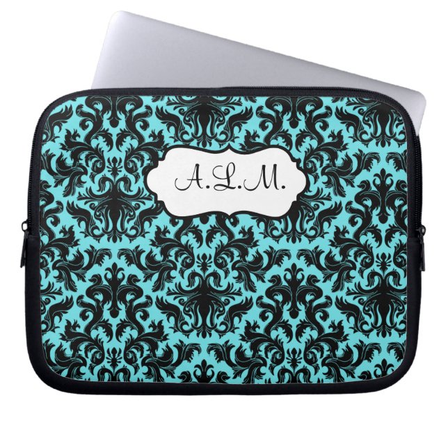 Monogrammed Black, Aqua Damask Laptop Sleeve (Front)
