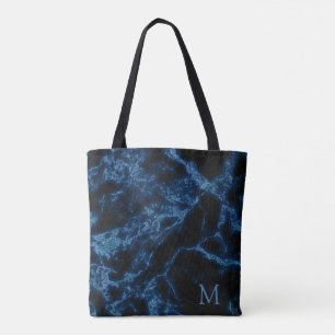 Monogrammed Black Background And Blue Glitter Tote Bag