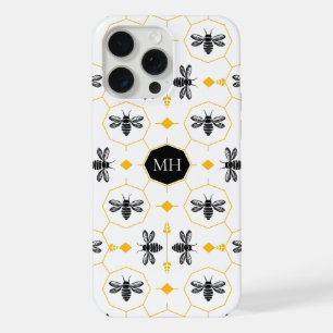 Monogrammed Black Bee Yellow Honeycomb Modern iPhone 15 Pro Max Case