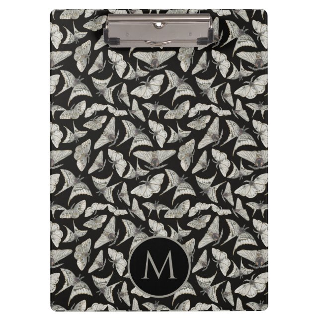 Monogrammed Black Beige Moth Bug Pattern  Clipboard (Front)