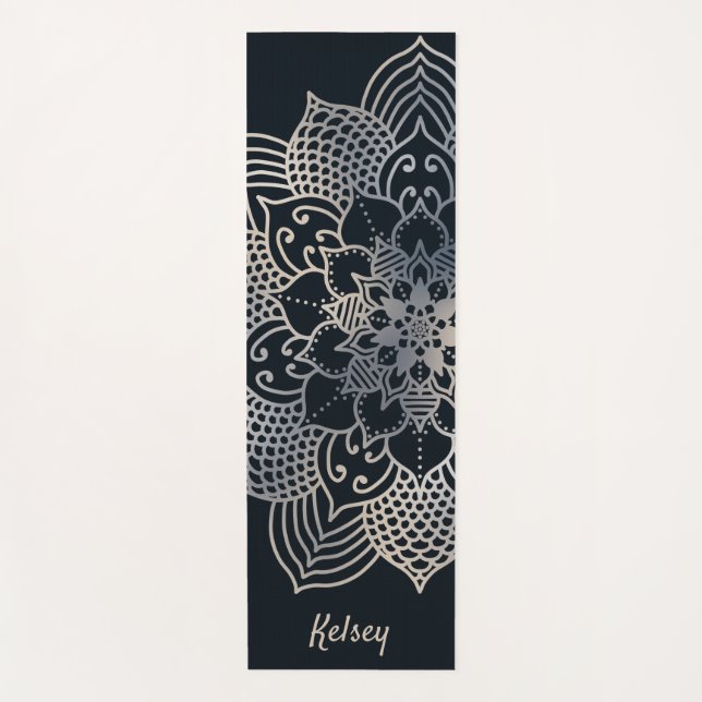 Monogrammed Black & Blue Mandala Pattern Yoga Mat (Front)