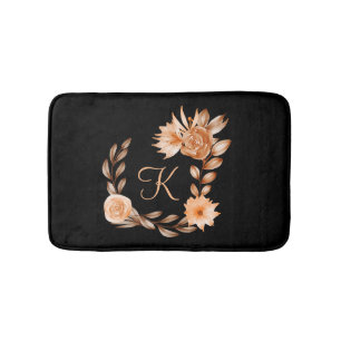 Monogrammed Black Brown and Peach Floral  Bath Mat