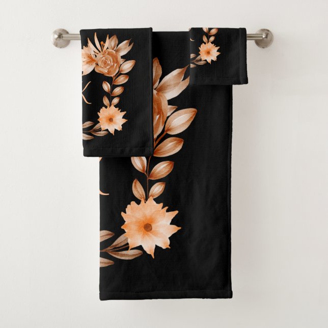 Monogrammed Black Brown and Peach Floral  Bath Towel Set (Insitu)