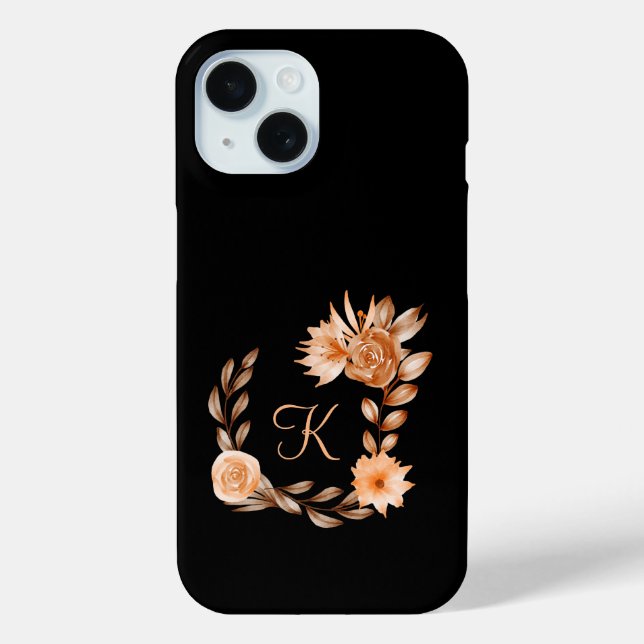 Monogrammed Black Brown and Peach Floral Case-Mate iPhone Case (Back)