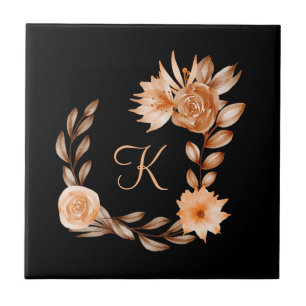 Monogrammed Black Brown and Peach Floral   Ceramic Tile